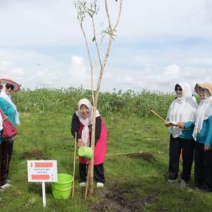 Pj Ketua TP PKK NTB, Ir. Hj. Lale Prayatni Gita Ariadi saat lakukan penanaman pohon di bandara Lombok